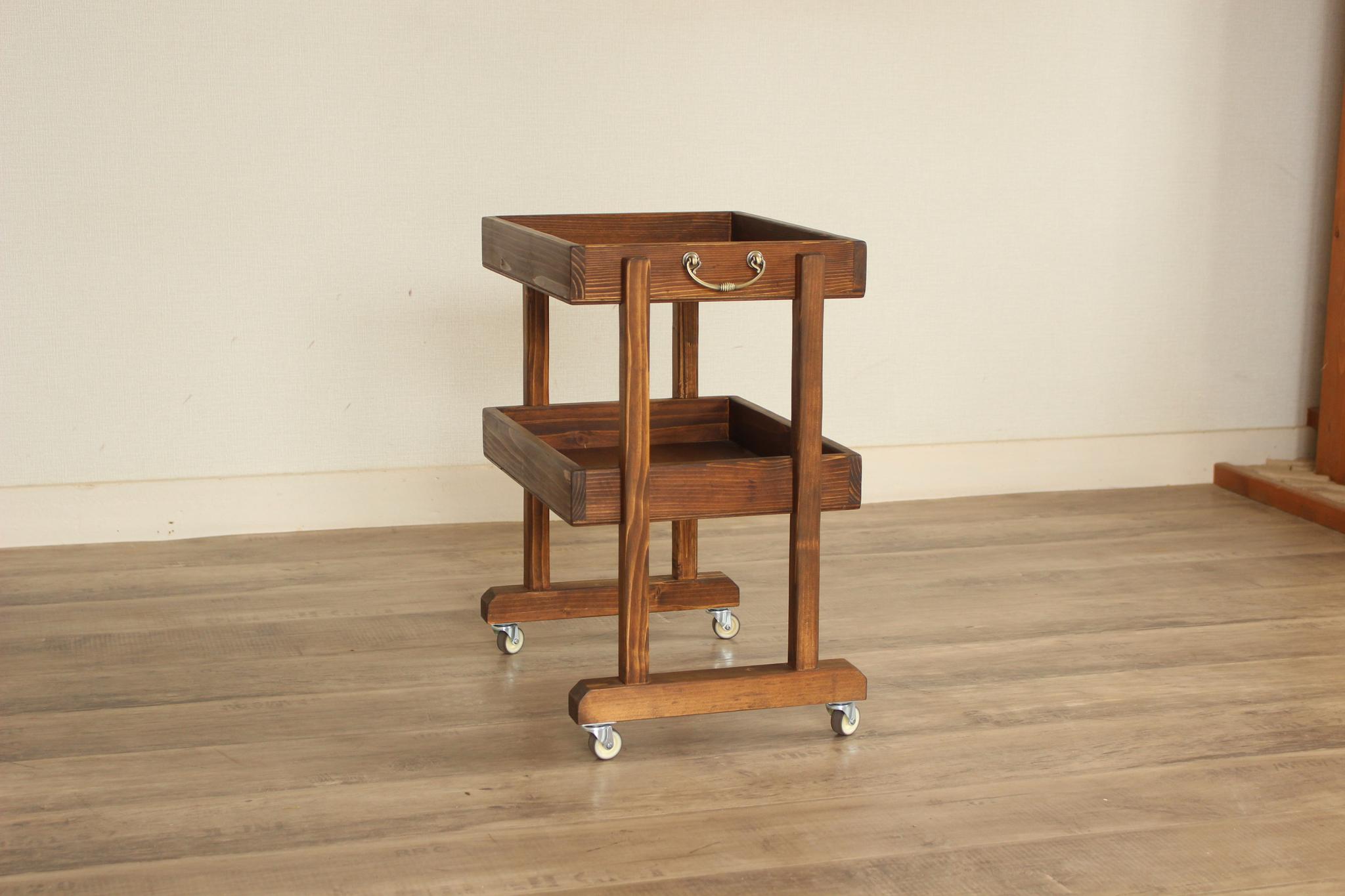 キャスター付きワゴン 2段 オークカラー シェルフ1枚目の画像